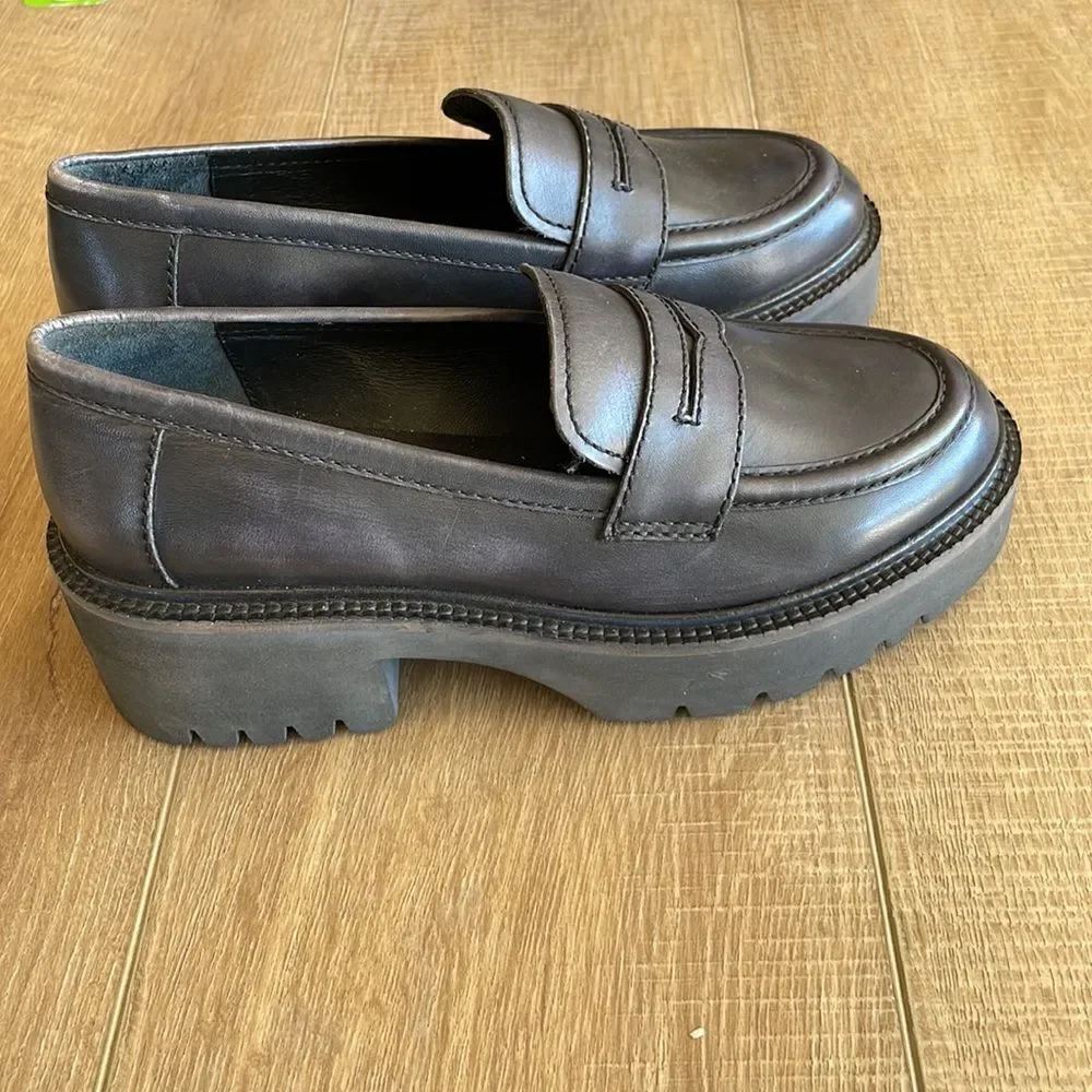 Free People Decker Penny Loafer Black Leather Lug Sole Platform EU 39 US 9